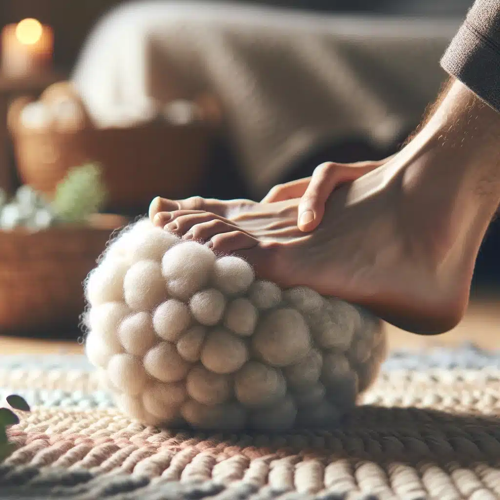 massaggio ai piedi con palla di lana