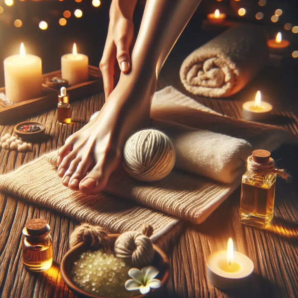 massaggio ai piedi oli essenziali e palla di lana