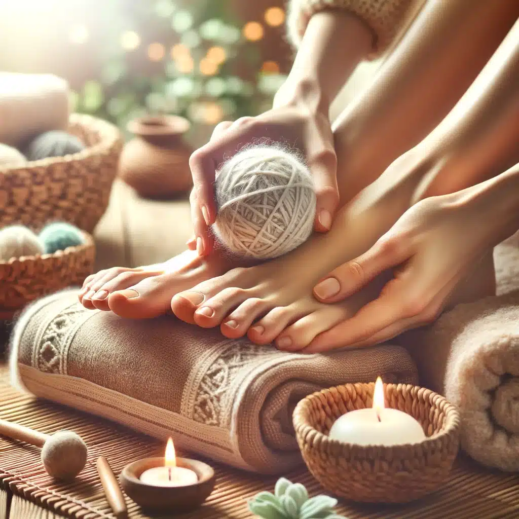 massaggio plantare rilassante con palla di lana